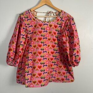 Emily Lovelock Pink Multicolor Heart Print Blouse preppy size 10-12 (large)